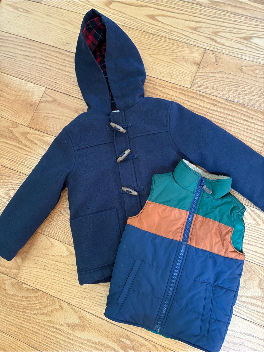 OshKosh B'gosh Navy Hooded Duffle Coat with Blue, Green & Orange Puffer Vest